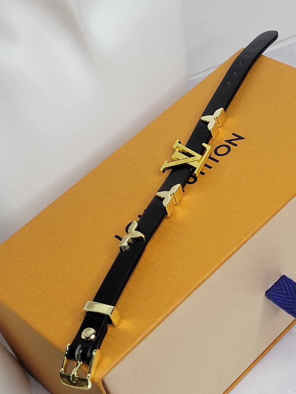 Black Vegan Leather Buckle Bracelet with Gold LV Monogram